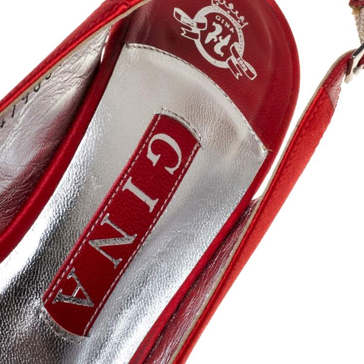 Pre Owned Gina Red Satin Crystal Embellished Platform Slingback Sandals Size 36.5