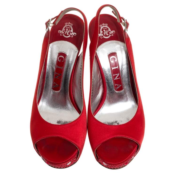 Pre Owned Gina Red Satin Crystal Embellished Platform Slingback Sandals Size 36.5