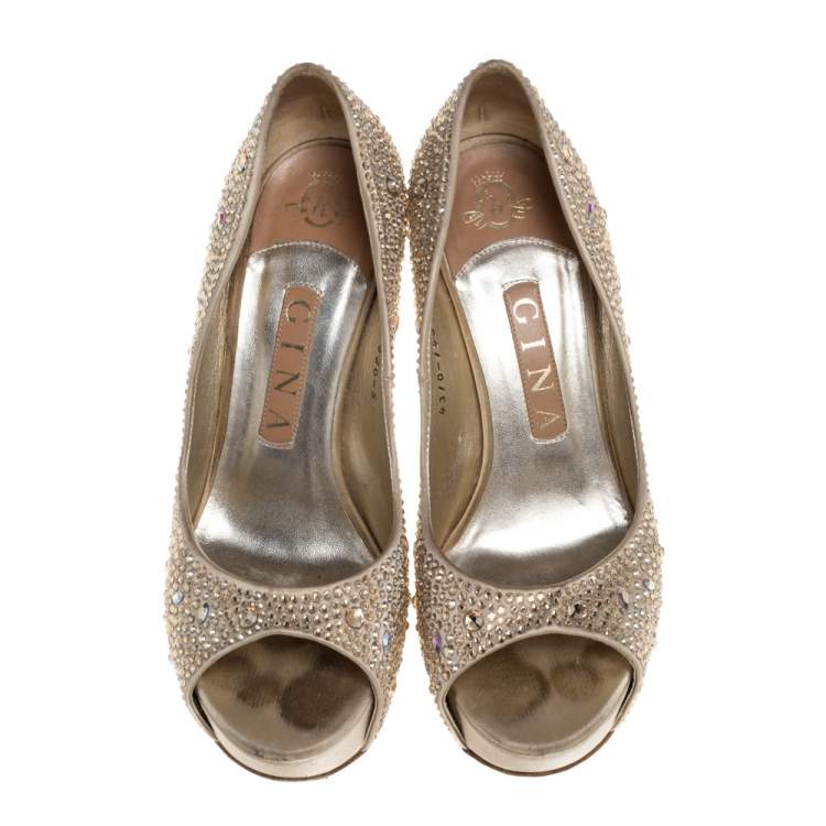 Pre Owned Gina Gold Leather and Crystal Embellished Satin Platform Pumps Size 38