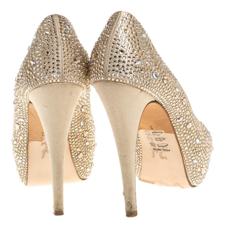 Pre Owned Gina Gold Leather and Crystal Embellished Satin Platform Pumps Size 38