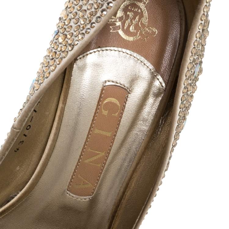 Pre Owned Gina Gold Leather and Crystal Embellished Satin Platform Pumps Size 38