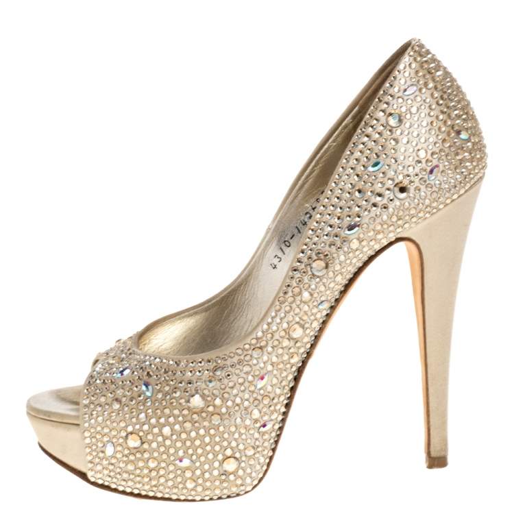 Pre Owned Gina Gold Leather and Crystal Embellished Satin Platform Pumps Size 38