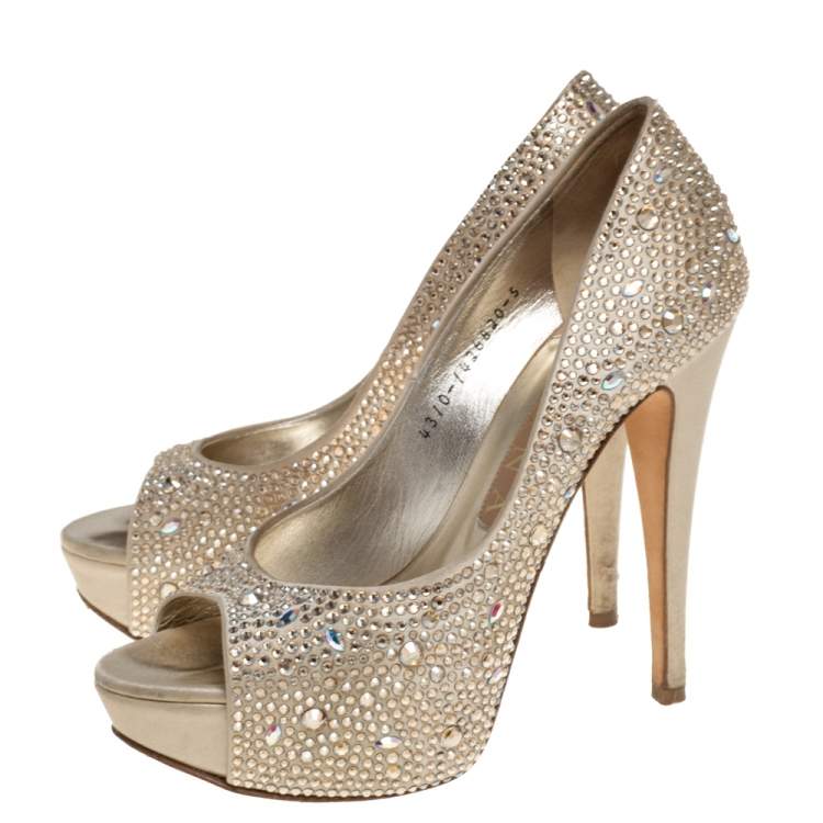 Pre Owned Gina Gold Leather and Crystal Embellished Satin Platform Pumps Size 38