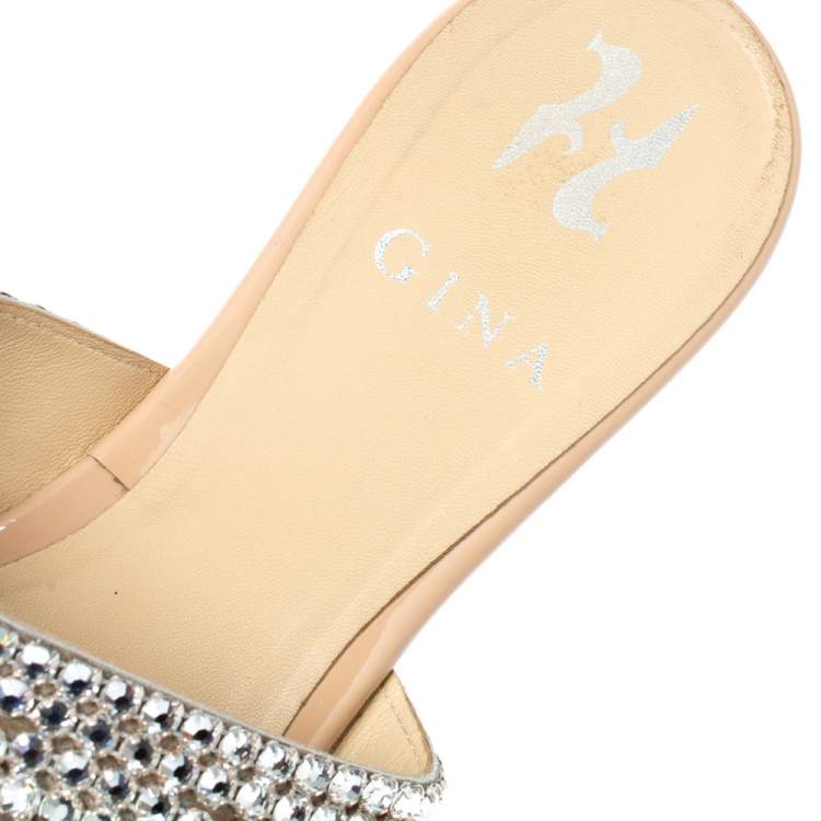 Pre Owned Gina Beige Crystal Embellished Flat Slide Sandals Size 38