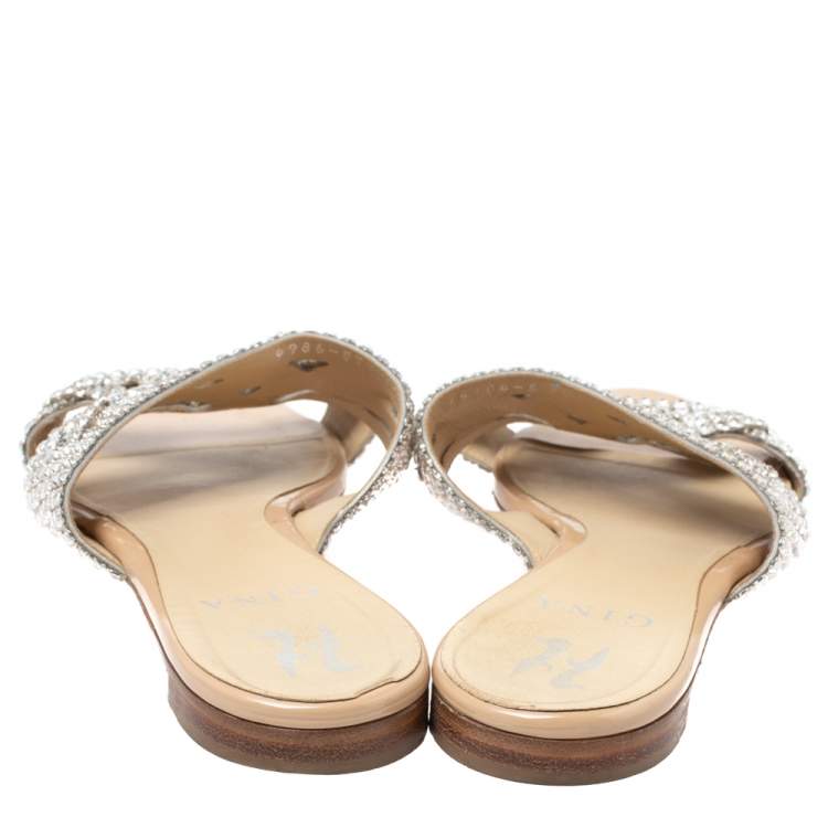 Pre Owned Gina Beige Crystal Embellished Flat Slide Sandals Size 38