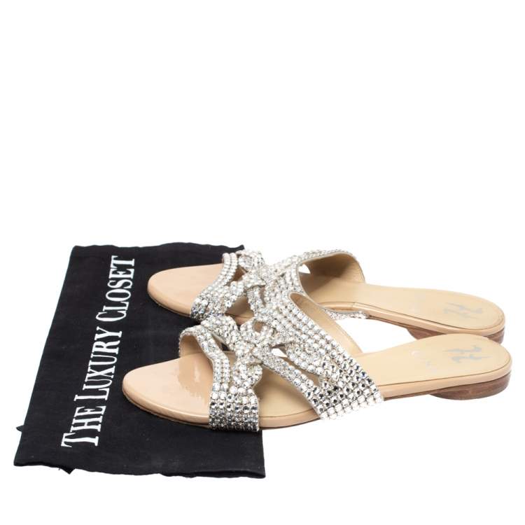 Pre Owned Gina Beige Crystal Embellished Flat Slide Sandals Size 38