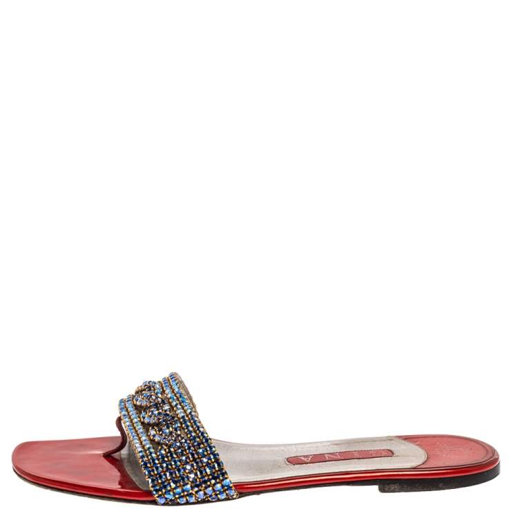 Pre Owned Gina Red/Blue Leather And Crystal Embellished Flats Size 40.5