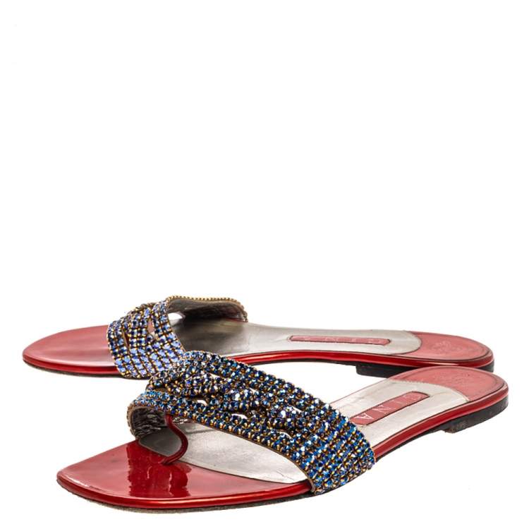 Pre Owned Gina Red/Blue Leather And Crystal Embellished Flats Size 40.5