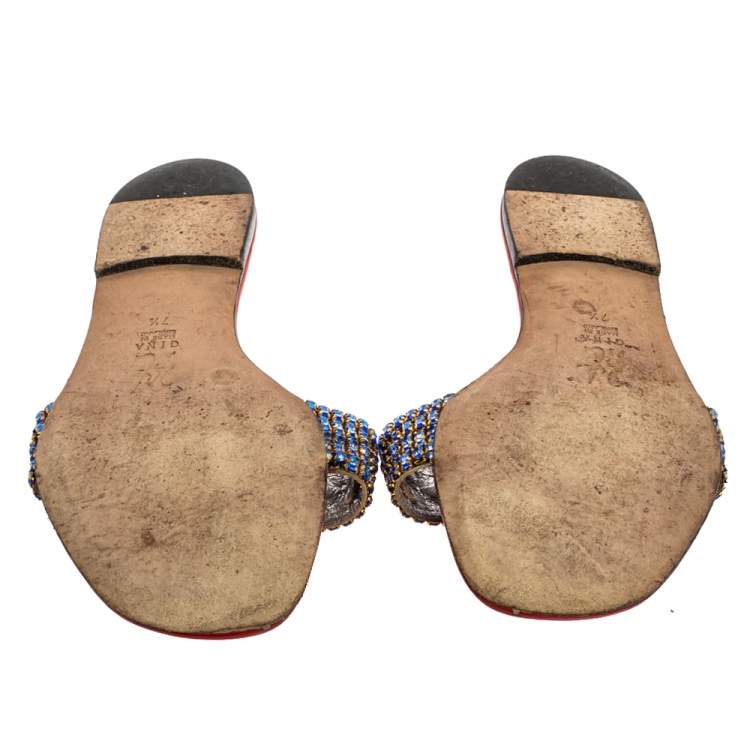 Pre Owned Gina Red/Blue Leather And Crystal Embellished Flats Size 40.5