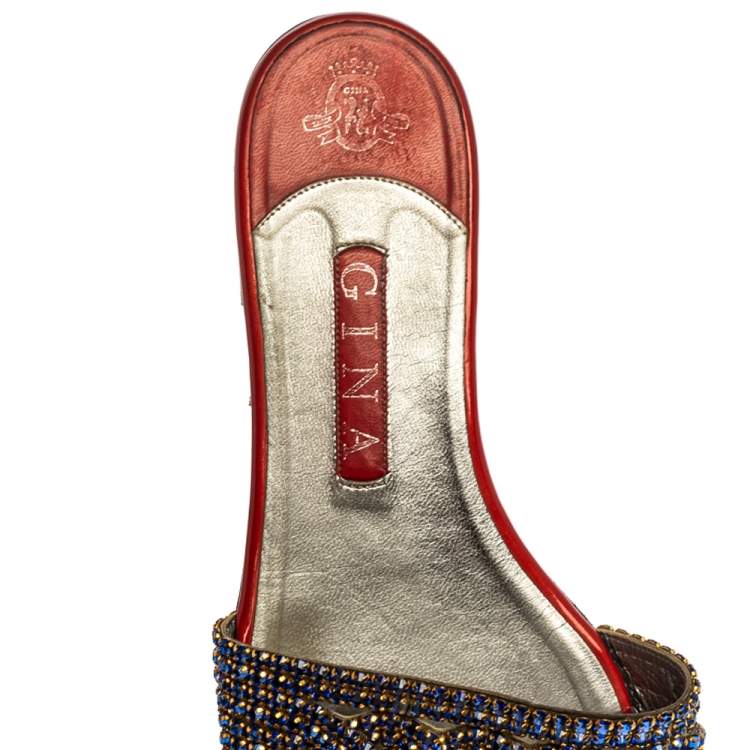 Pre Owned Gina Red/Blue Leather And Crystal Embellished Flats Size 40.5