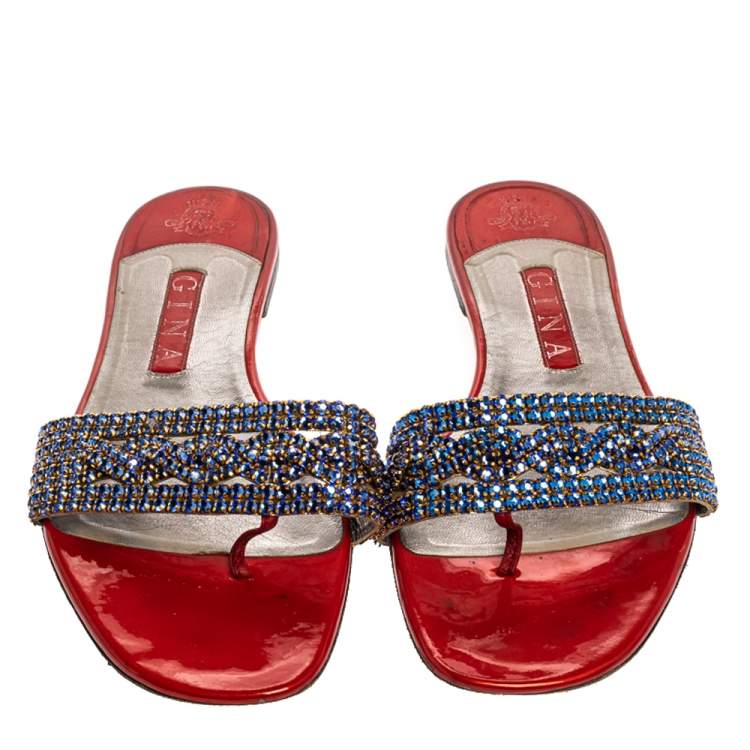 Pre Owned Gina Red/Blue Leather And Crystal Embellished Flats Size 40.5