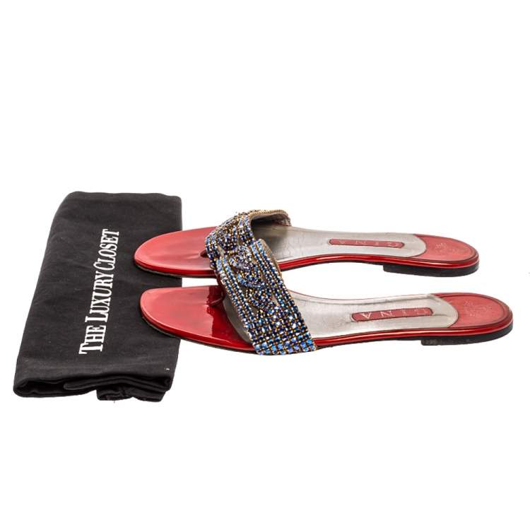 Pre Owned Gina Red/Blue Leather And Crystal Embellished Flats Size 40.5