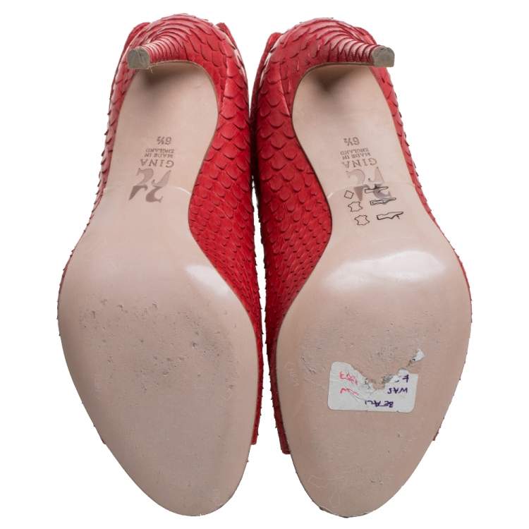 Pre Owned Gina Red Python Peep Toe Booties Size 39.5
