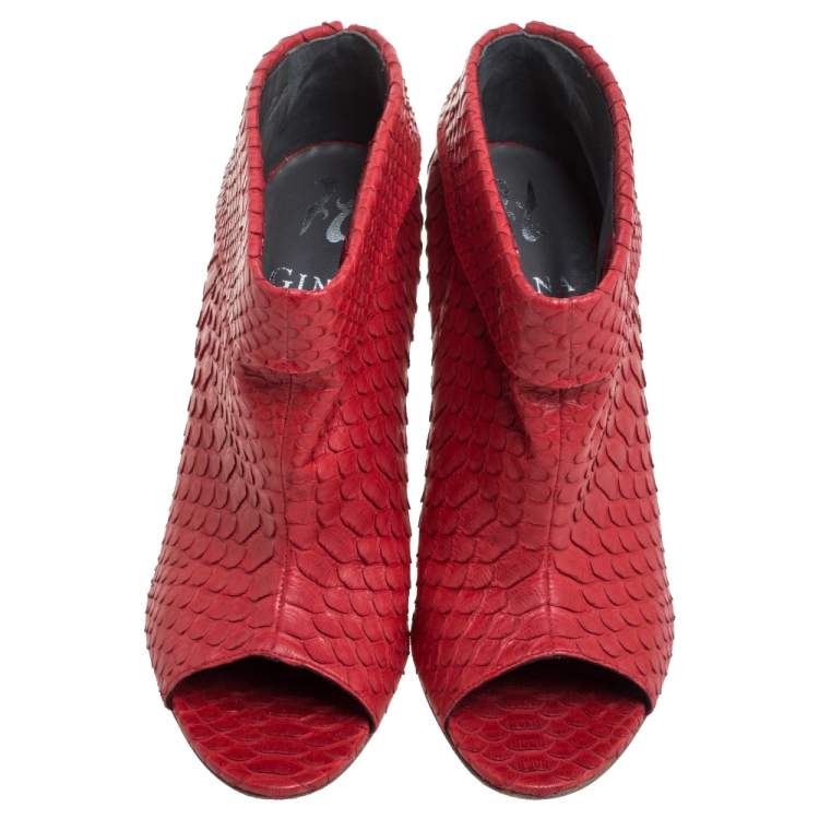 Pre Owned Gina Red Python Peep Toe Booties Size 39.5