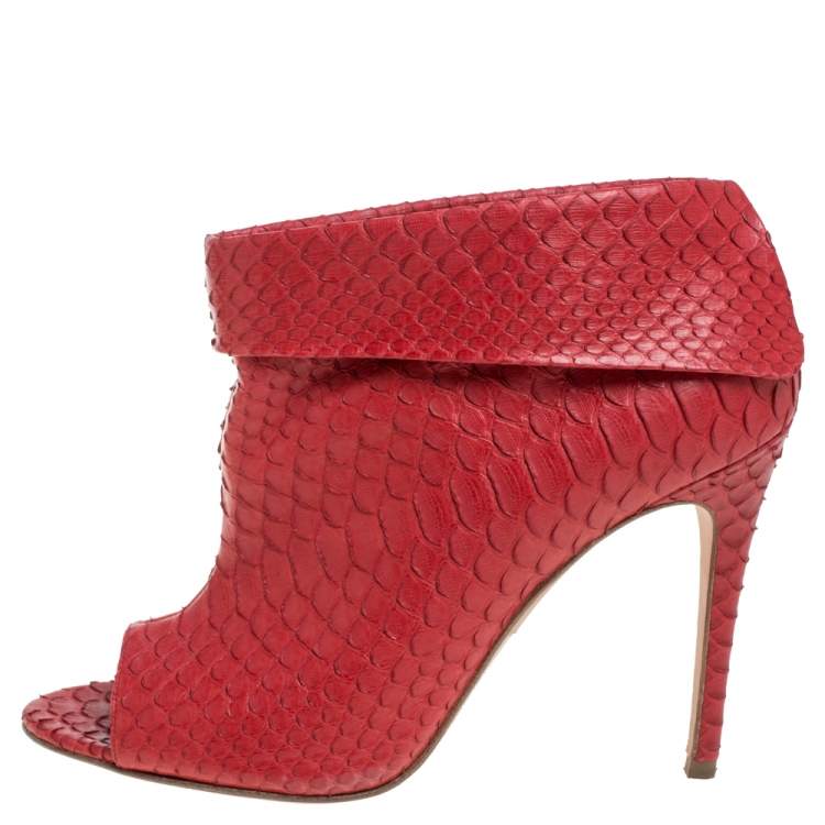 Pre Owned Gina Red Python Peep Toe Booties Size 39.5