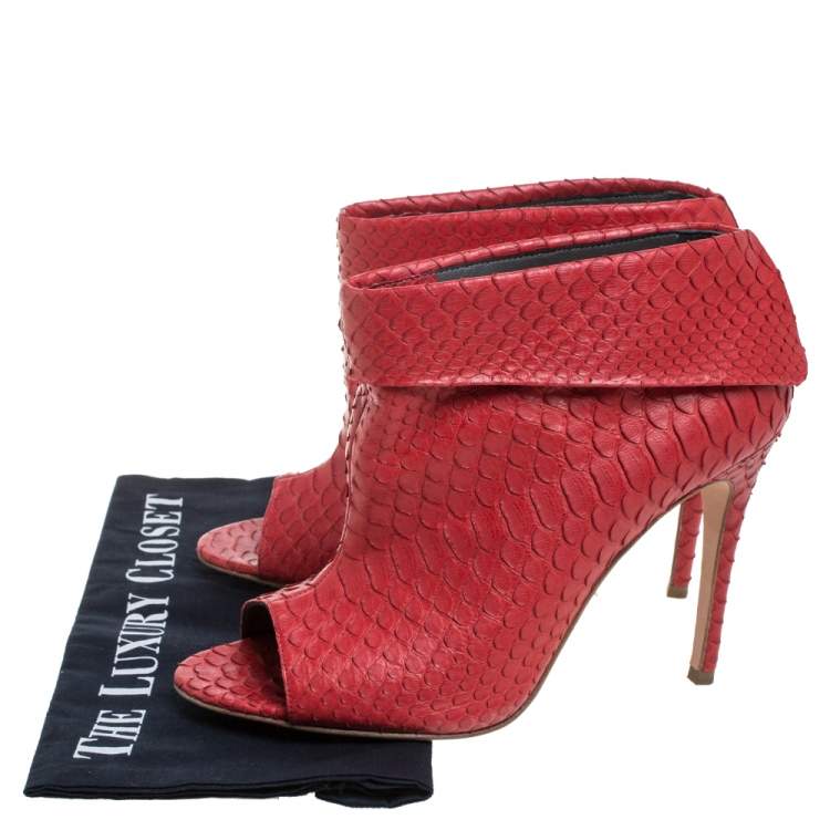 Pre Owned Gina Red Python Peep Toe Booties Size 39.5