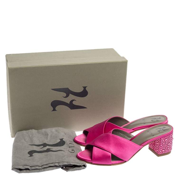Pre Owned Gina Pink Satin Crystal Embellished Heel Cross Strap Mule Size 38.5