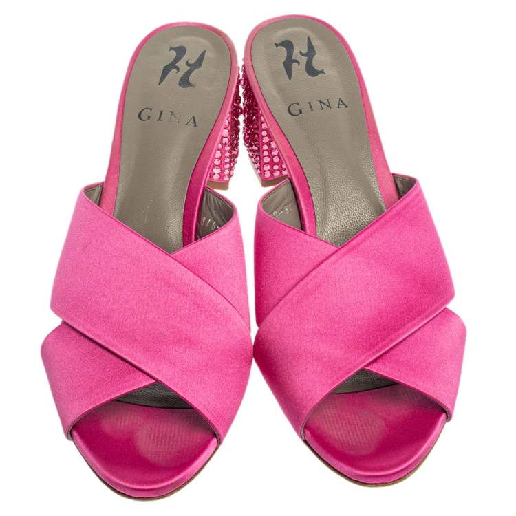 Pre Owned Gina Pink Satin Crystal Embellished Heel Cross Strap Mule Size 38.5