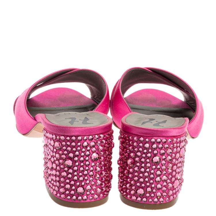 Pre Owned Gina Pink Satin Crystal Embellished Heel Cross Strap Mule Size 38.5