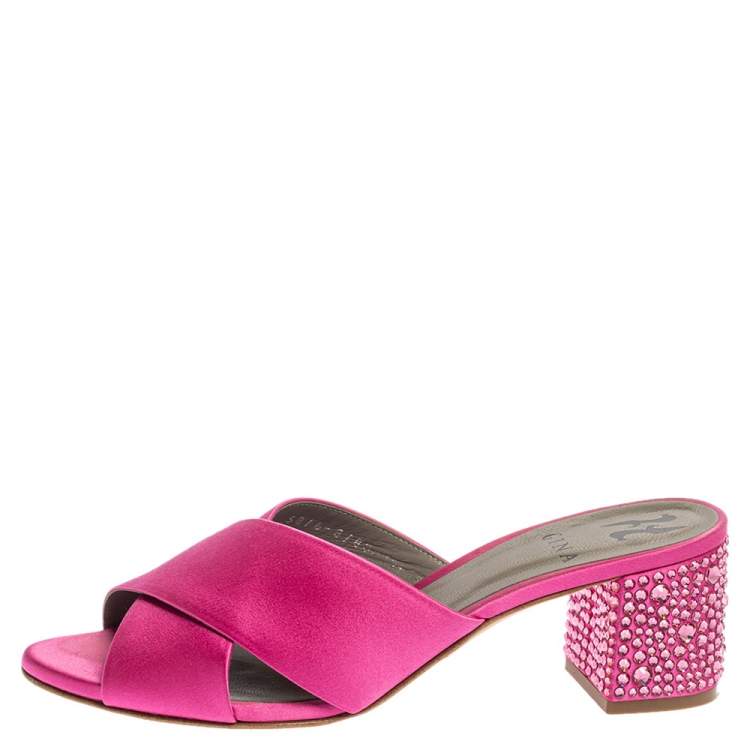 Pre Owned Gina Pink Satin Crystal Embellished Heel Cross Strap Mule Size 38.5