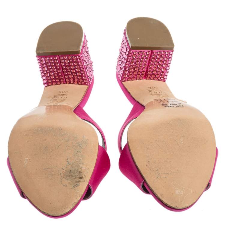 Pre Owned Gina Pink Satin Crystal Embellished Heel Cross Strap Mule Size 38.5