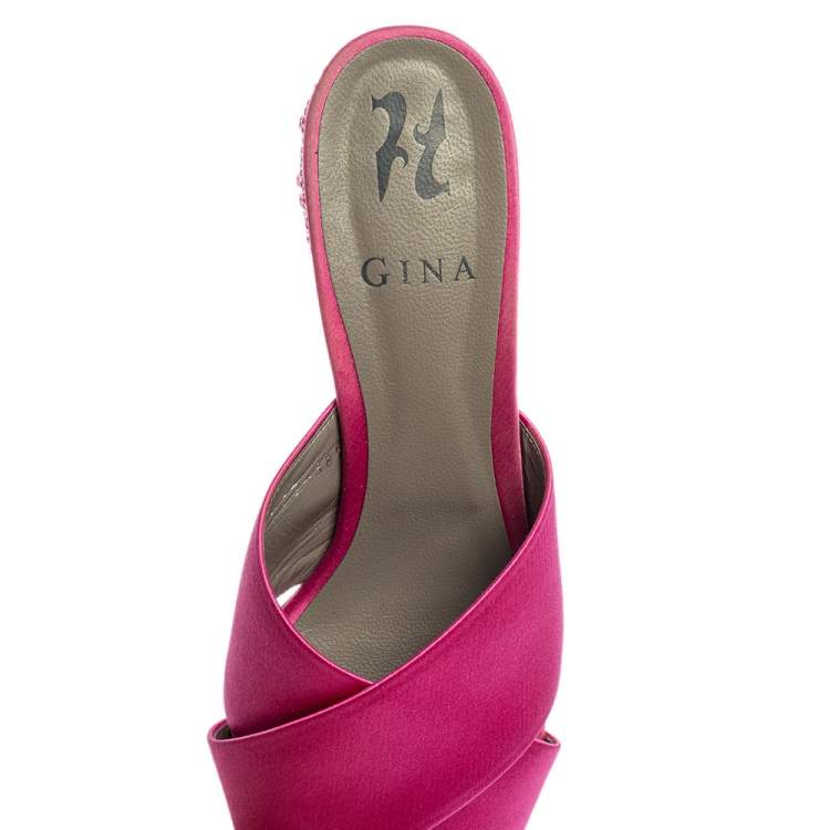 Pre Owned Gina Pink Satin Crystal Embellished Heel Cross Strap Mule Size 38.5
