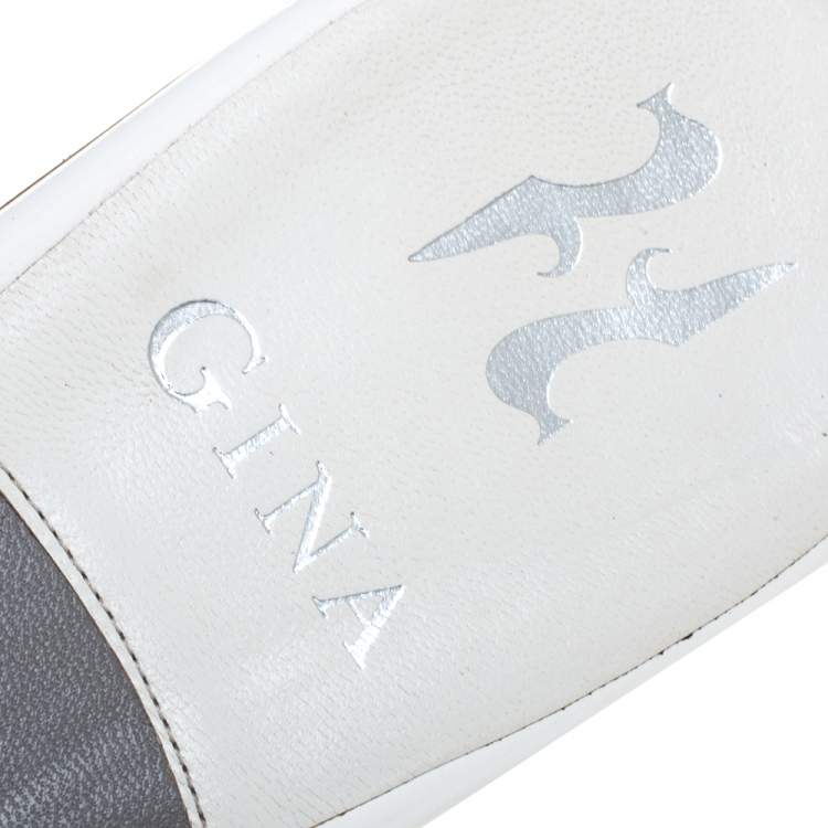 Pre Owned Gina Pink/White Patent Leather And Crystal Embellished Flat Slides Size 39