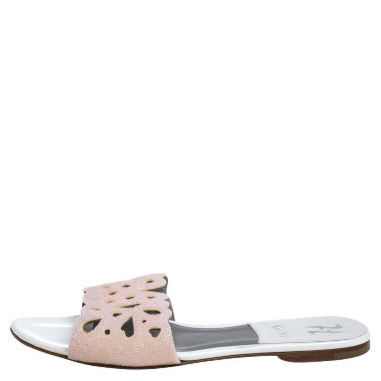 Pre Owned Gina Pink/White Patent Leather And Crystal Embellished Flat Slides Size 39