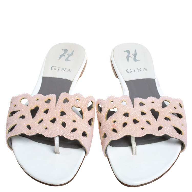 Pre Owned Gina Pink/White Patent Leather And Crystal Embellished Flat Slides Size 39