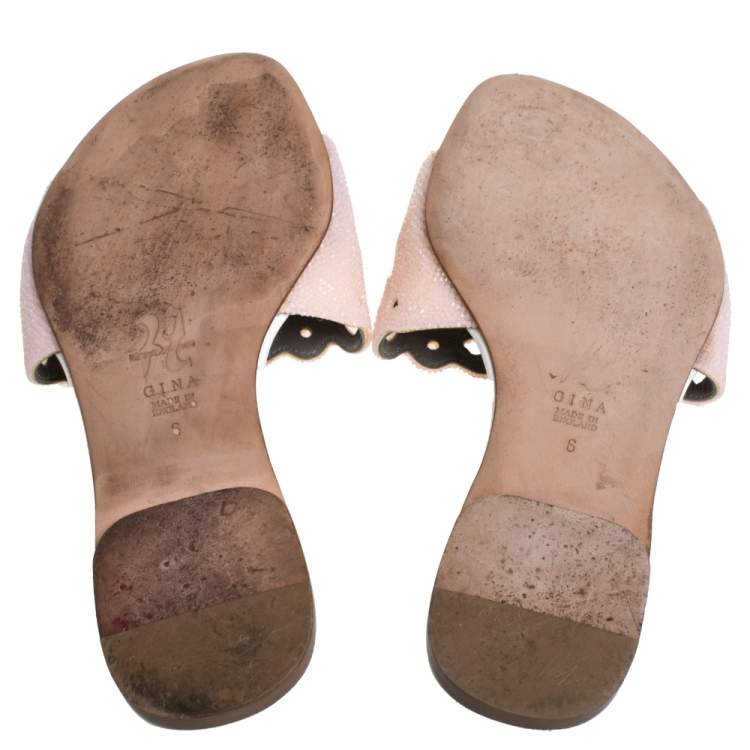 Pre Owned Gina Pink/White Patent Leather And Crystal Embellished Flat Slides Size 39