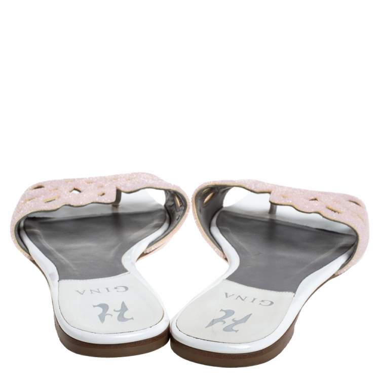 Pre Owned Gina Pink/White Patent Leather And Crystal Embellished Flat Slides Size 39