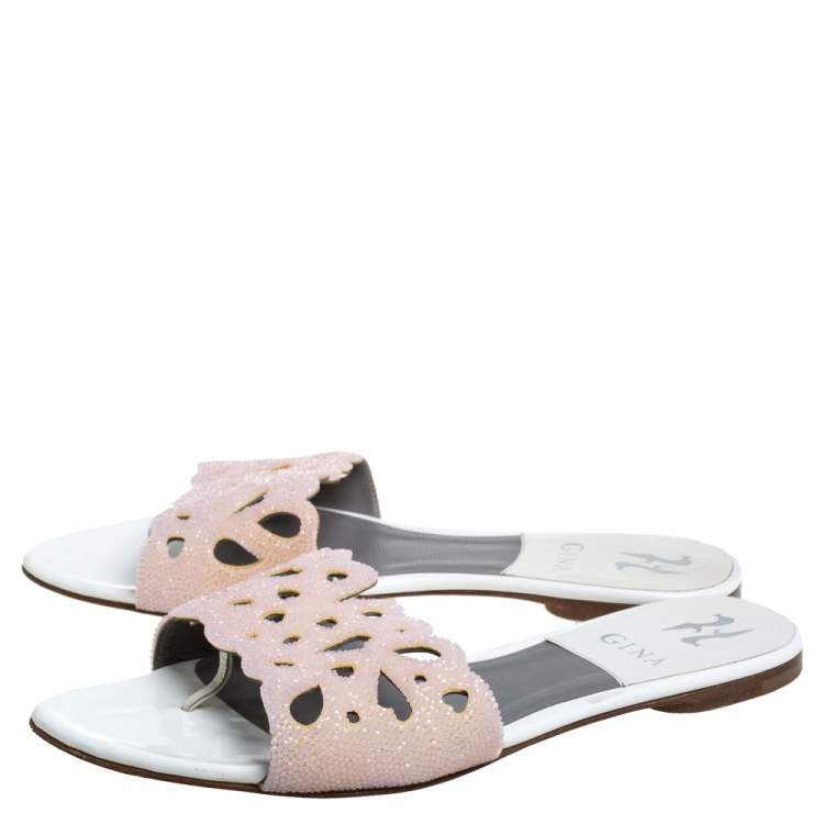 Pre Owned Gina Pink/White Patent Leather And Crystal Embellished Flat Slides Size 39