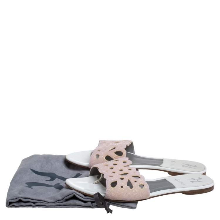Pre Owned Gina Pink/White Patent Leather And Crystal Embellished Flat Slides Size 39