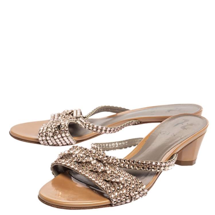 مملوكة مسبقًا Gina Beige Crystal Embellished Leather Slide Sandals Size 37.5