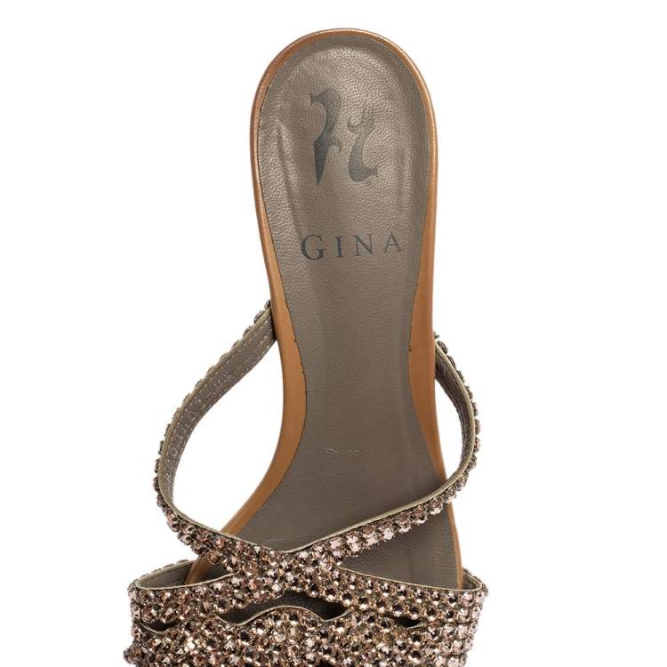 مملوكة مسبقًا Gina Beige Crystal Embellished Leather Slide Sandals Size 37.5