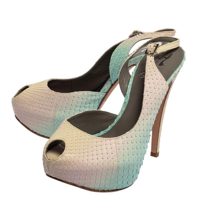 Pre Owned Gina Multicolor Python Leather Peep Toe Slingback Sandals Size 37