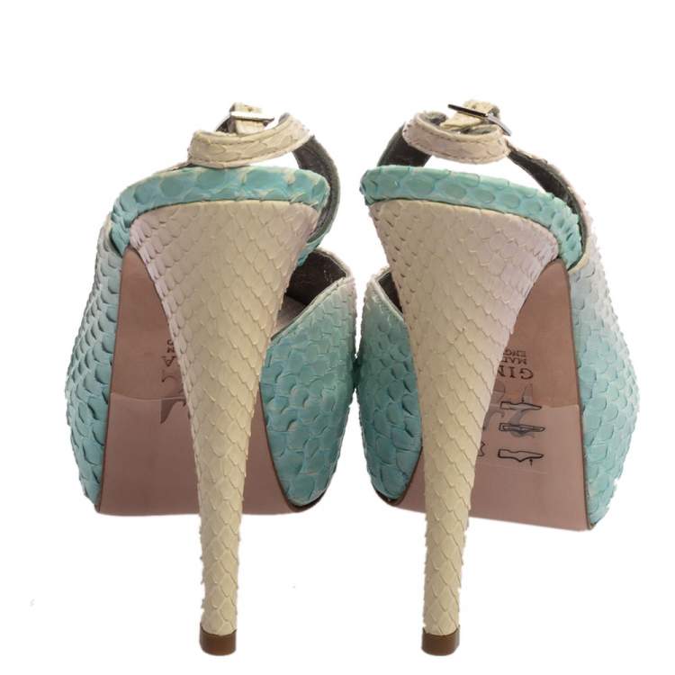 Pre Owned Gina Multicolor Python Leather Peep Toe Slingback Sandals Size 37