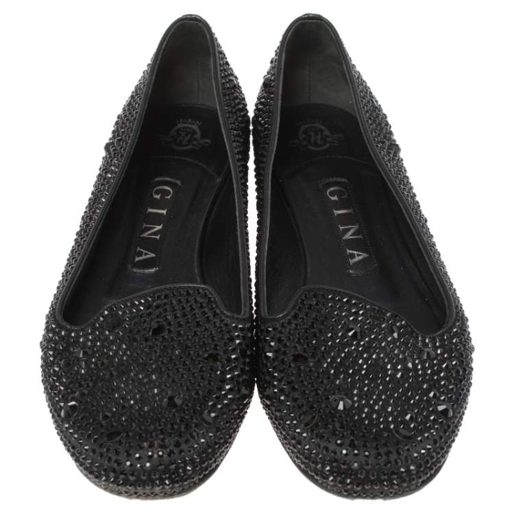 Pre Owned Gina Black Crystal Embellished Satin Ballet Flats Size 37.5