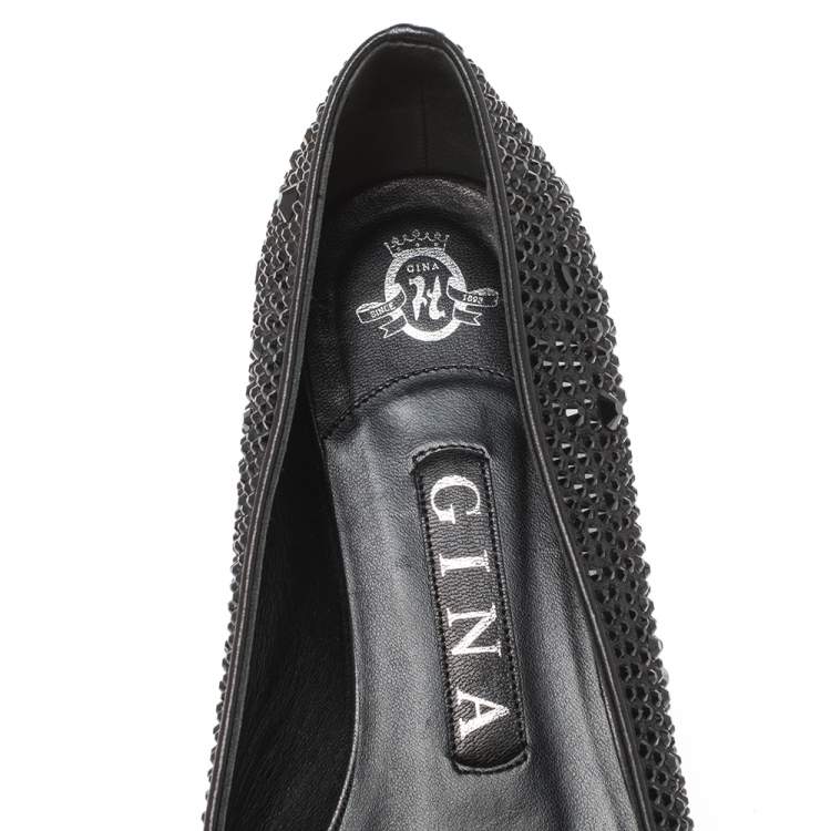Pre Owned Gina Black Crystal Embellished Satin Ballet Flats Size 37.5