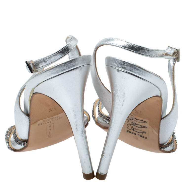 Pre Owned Gina Silver Leather Slingback Sandals Size 38.5
