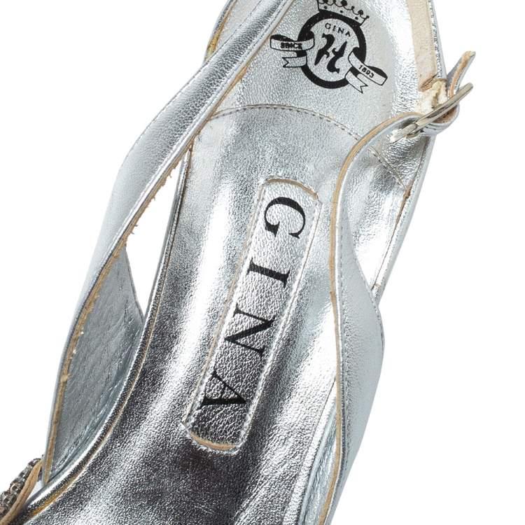 Pre Owned Gina Silver Leather Slingback Sandals Size 38.5