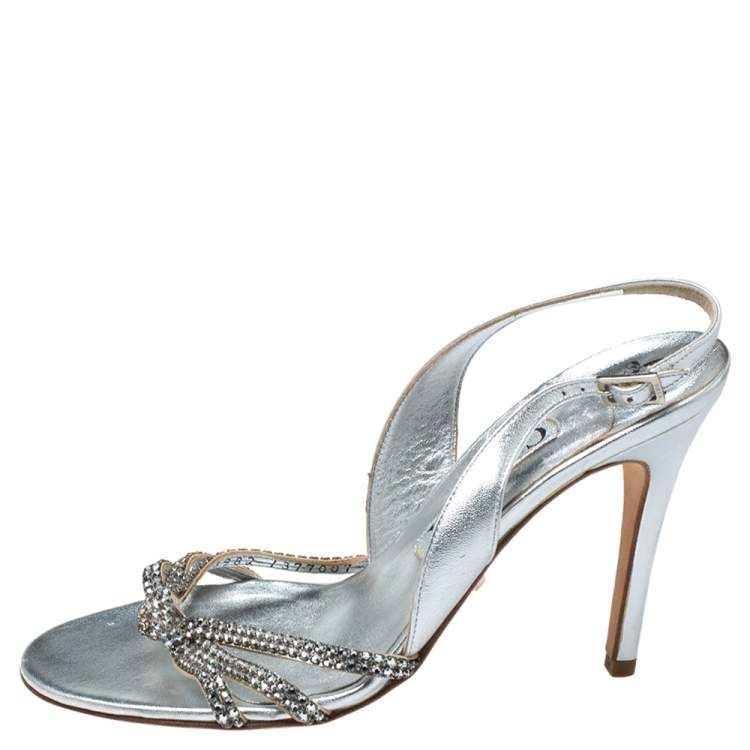 Pre Owned Gina Silver Leather Slingback Sandals Size 38.5
