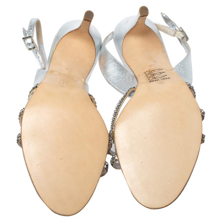 Pre Owned Gina Silver Leather Slingback Sandals Size 38.5