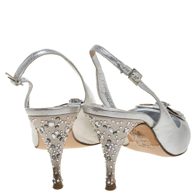 Pre Owned Gina Metallic Silver Leather And Satin Crystal Embellished Bow Slingback Sandals Size 40.5