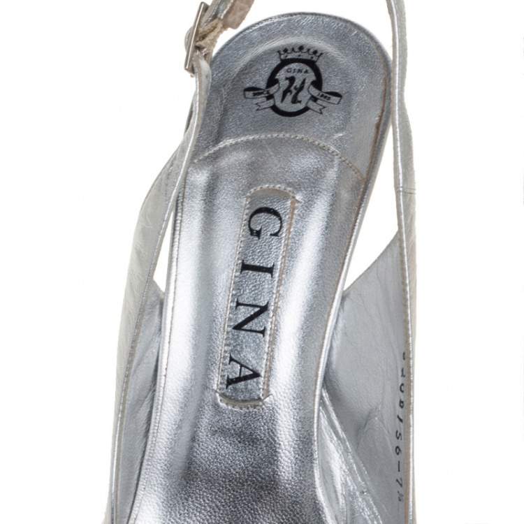 Pre Owned Gina Metallic Silver Leather And Satin Crystal Embellished Bow Slingback Sandals Size 40.5