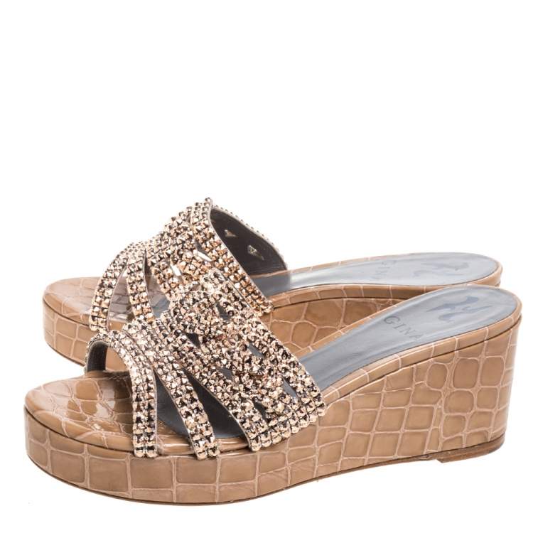 Pre Owned Gina Beige Croc Embossed Leather Crystal Embellished Wedge Platform Sandals Size 36