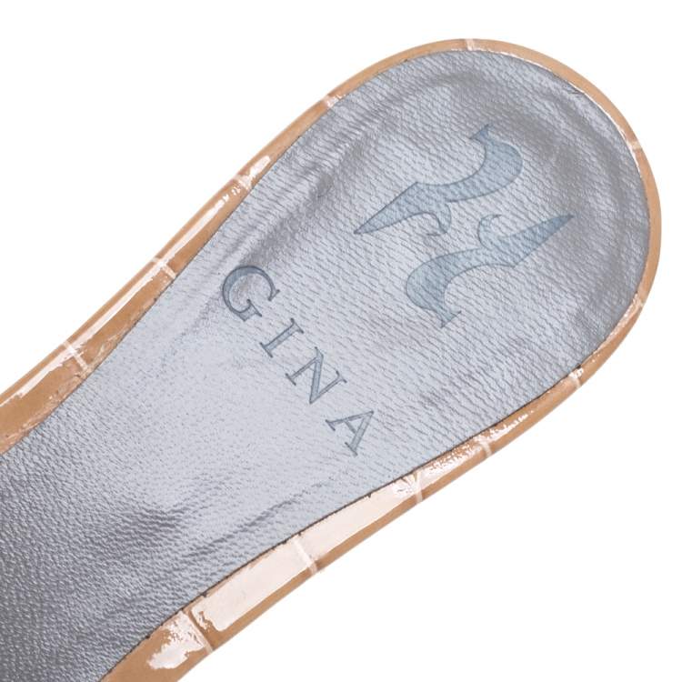 Pre Owned Gina Beige Croc Embossed Leather Crystal Embellished Wedge Platform Sandals Size 36