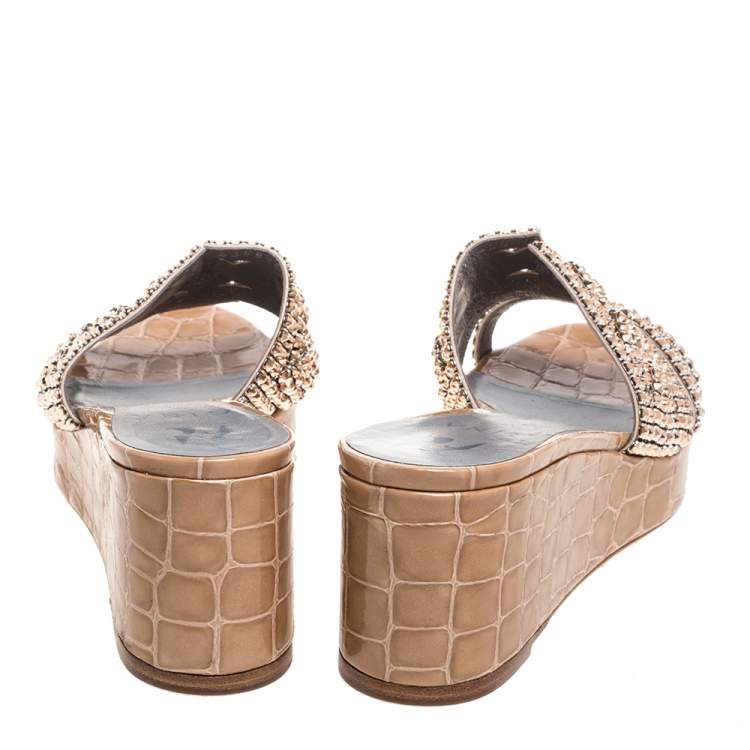 Pre Owned Gina Beige Croc Embossed Leather Crystal Embellished Wedge Platform Sandals Size 36