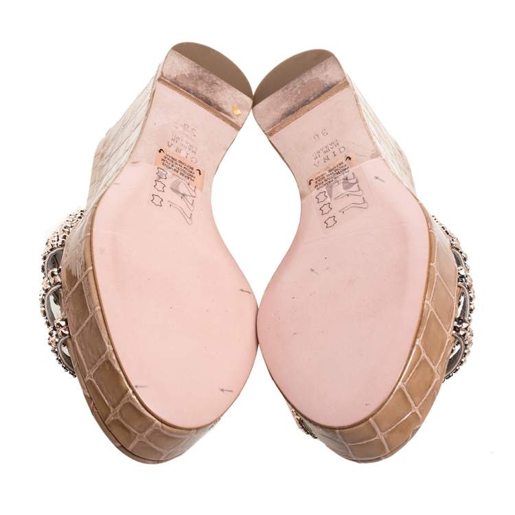 Pre Owned Gina Beige Croc Embossed Leather Crystal Embellished Wedge Platform Sandals Size 36