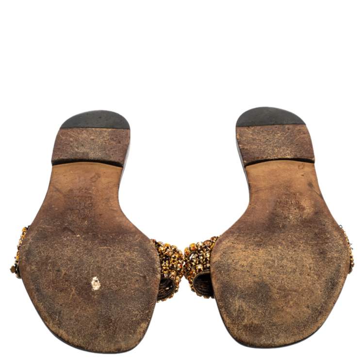 Pre Owned Gina Brown/Gold Crystal Embellished Athena Slides Size 37.5